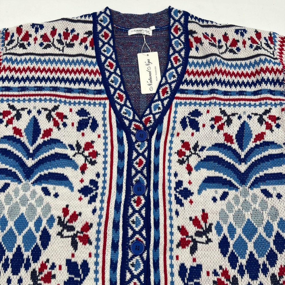 Natural Nga Blue Red Pineapple Intarsia Knit‎ Longline Cardigan Sweater M NWT - Picture 2 of 8